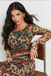 PixieGirl Petite Women's Beige Brown Leopard Print Rose Mesh Top | PixieGirl 3