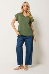 M&Co Khaki Green Broderie V-Neck Cotton T-Shirt | M&Co 1