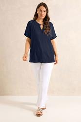 EVANS Curve Navy Blue Grown On Sleeve Textured Top | Evans 1