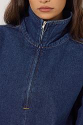 PixieGirl Petite Women's Dark Blue Denim Quarter Zip Cotton Top | PixieGirl 9