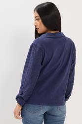 M&Co Petite Navy Blue Broderie Sleeve Cotton Shirt | M&Co 2