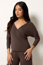 PixieGirl Petite Women's Chocolate Brown Wrap Top | PixieGirl 1
