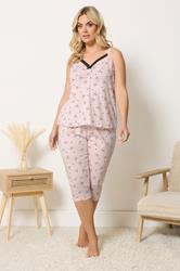 YOURS Plus Size Pink Bow & Heart Cami Cropped Pyjama Set | Yours Clothing 1