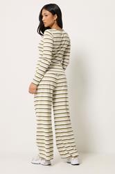 PixieGirl Petite Women's Set Brown Stripe Cotton Button Top & Wide Leg Trousers | PixieGirl 2