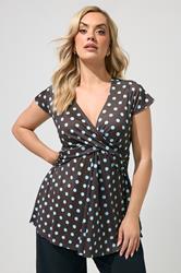 YOURS LONDON Plus Size Chocolate Brown Polka Dot Wrap Front Top | Yours Clothing 3