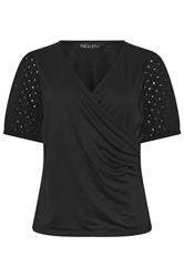 M&Co Black Broderie Sleeve Cotton Wrap Top
