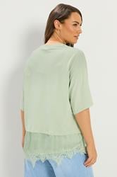 YOURS Plus Size Green Satin Lace Trim T-Shirt | Yours Clothing 2