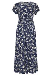 M&Co Navy Blue Floral Print Shirred Waist Maxi Dress