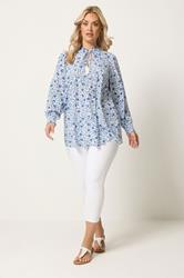 YOURS Plus Size Blue Floral Tie Neck Blouse | Yours Clothing 2