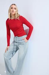 LTS Tall Women's Red Ribbed Boat Neck Top | Long Tall Sally 3