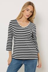 M&Co Navy Blue Stripe Cotton Neck Trim Top | M&Co 3