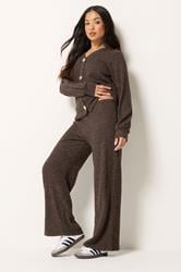 PixieGirl Petite Women's Set Chocolate Brown Ribbed Cardigan & Wide Leg Trousers | PixieGirl 1