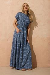 LTS Tall Women's Blue Floral Shirred Waist Cotton Maxi Dress | Long Tall Sally 3