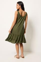 PixieGirl Petite Women's Khaki Green Asymmetric Frill Midi Dress | PixieGirl 2