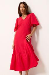 PixieGirl Petite Red Asymmetric Tiered Midi Dress | PixieGirl 3