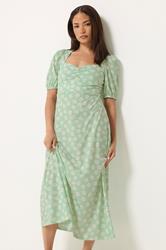 PixieGirl Petite Women's Sage Green Floral Ruched Midi Dress | PixieGirl 1