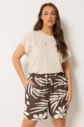 YOURS Plus Size Brown Tropical Print Shorts | Yours Clothing 1