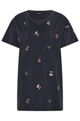 YOURS Curve Navy Blue Embroidered Cherry Bow T-Shirt