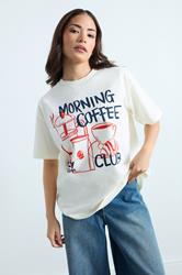PixieGirl Petite Women's Cream 'Morning Coffee Club' Cotton Oversized T-Shirt | PixieGirl 3