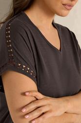 EVANS Plus Size Chocolate Brown Crochet Trim Cotton V Neck T-Shirt | Evans 4