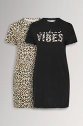 YOURS Plus Size 2 PACK Black 'Weekend Vibes' Leopard Print Nightdresses | Yours Clothing 3