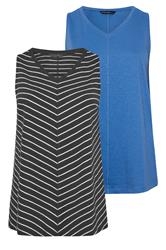 EVANS Plus Size 2 Pack Blue & Black Cotton Vest Tops 7
