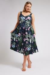 YOURS LONDON Plus Size Navy Blue Floral Square Neck Dress | Yours Clothing