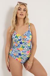 YOURS Plus Size Blue Mediterranean Tile Bandeau Swimsuit | Yours Clothing 3