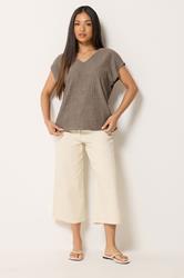 M&Co Petite Mocha Brown Crinkle V-Neck T-Shirt | M&Co 1