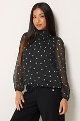 M&Co Petite Black Spot Print Tie Neck Chiffon Blouse | M&Co 3