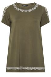 YOURS Curve Green Embroidered Trim T-Shirt