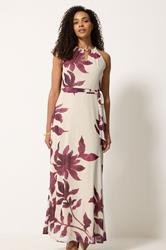 M&Co Natural Brown Floral Print Halter Neck Mesh Maxi Dress | M&Co 2
