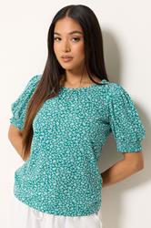 M&Co Petite Teal Green Ditsy Floral Puff Sleeve Top | M&Co 3