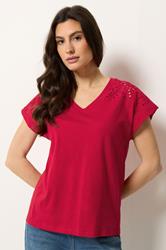 M&Co Red Broderie V-Neck Cotton T-Shirt | M&Co  3