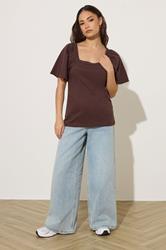 PixieGirl Petite Women's Chocolate Brown Crochet Trim Flutter Sleeve Cotton T-Shirt | PixieGirl 1
