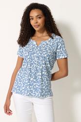 M&Co Blue & White Leaf Print Cotton Henley Top | M&Co 3