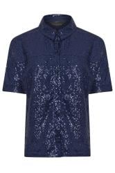 PixieGirl Petite Navy Blue Sequin Embellished Short Sleeve Shirt