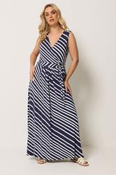 YOURS Plus Size Blue Strip Sleeveless Wrap Dress | Yours 1