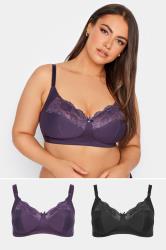 YOURS 2 PACK Black & Purple Cotton Lace Trim Non-Padded Bras