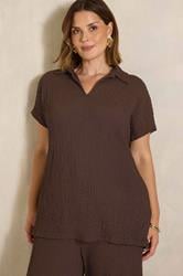 EVANS Plus Size Chocolate Brown Crinkle Short Sleeve Top | Evans 3