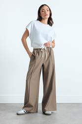 PixieGirl Petite Women's Natural Brown Contrast Waist Wide Leg Trousers | PixieGirl 3