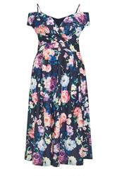 YOURS LONDON Curve Navy Blue Bardot Floral Skater Dress