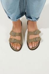 Taupe Brown Double Buckle Footed Mule In Extra Wide EEE Fit 3