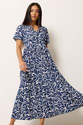 M&Co Petite Navy Blue Abstract Print Tiered Cotton Maxi Dress | M&Co 1