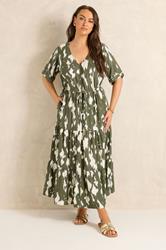 EVANS Plus Size Khaki Green Abstract Placket Dress | Evans 1