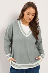 YOURS Plus Size Grey & White Knitted Tennis Jumper | Yours Clothing 3