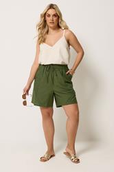 YOURS Plus Size Khaki Green Crochet Drawstring Shorts | Yours Clothing 1