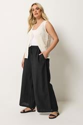 YOURS Plus Size Black Crochet Detail Linen Trousers | Yours Clothing 1