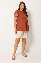 YOURS Plus Size Orange Embroidered Sleeve T-Shirt | Yours Clothing 1