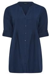 EVANS Curve Navy Blue Linen Pintuck Shirt